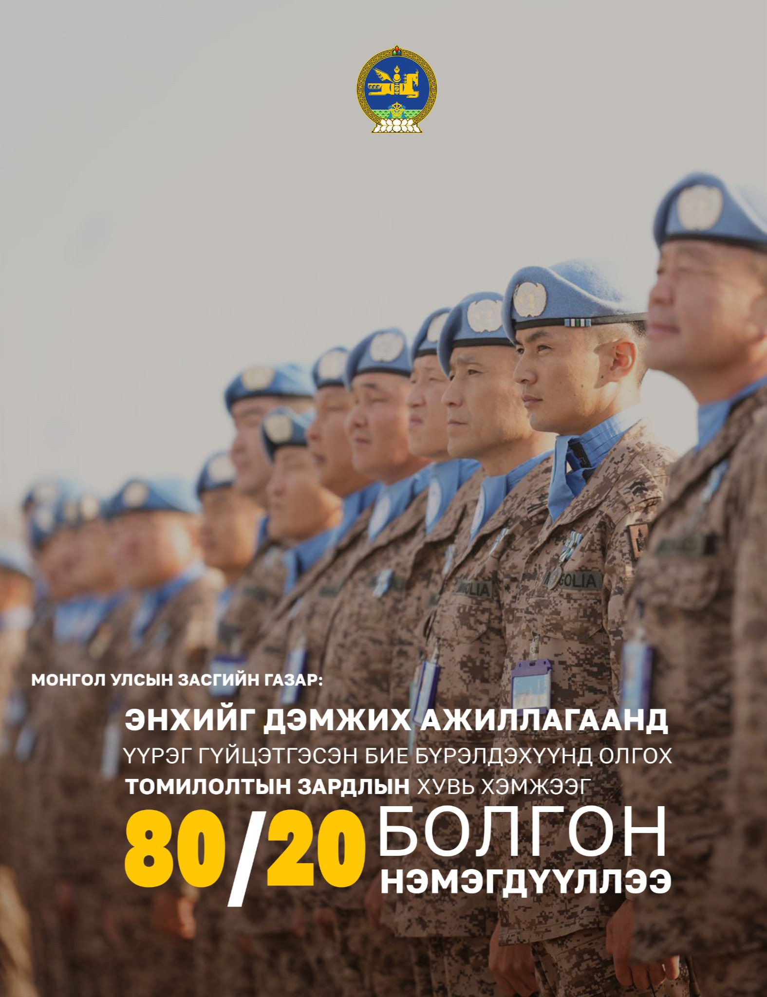 Энхийг дэмжих ажиллагаанд үүрэг гүйцэтгэсэн бие бүрэлдэхүүнд олгох томилолтын зардлын хувь хэмжээг 80/20 болгон нэмэгдүүлэв